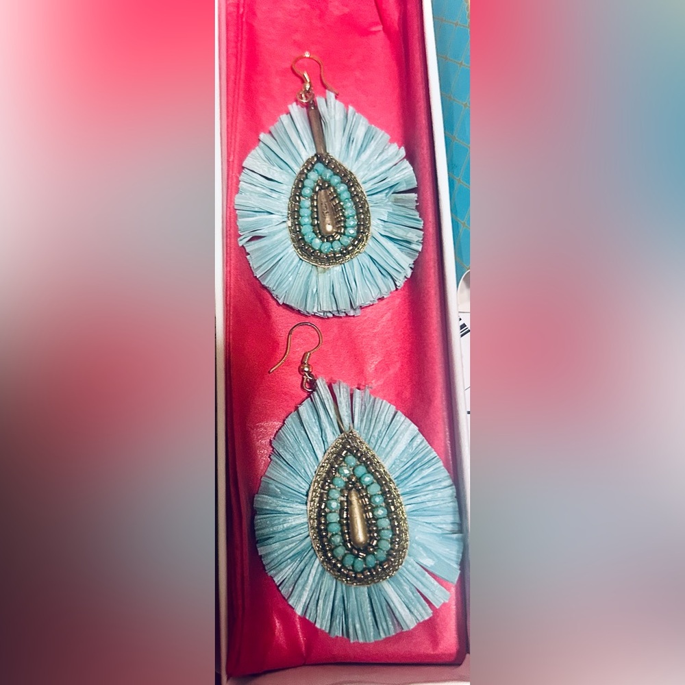 BLUE FAN FRINGE Earrings Black Velvet, With Blue & Gold Crystals & Beads, EUC